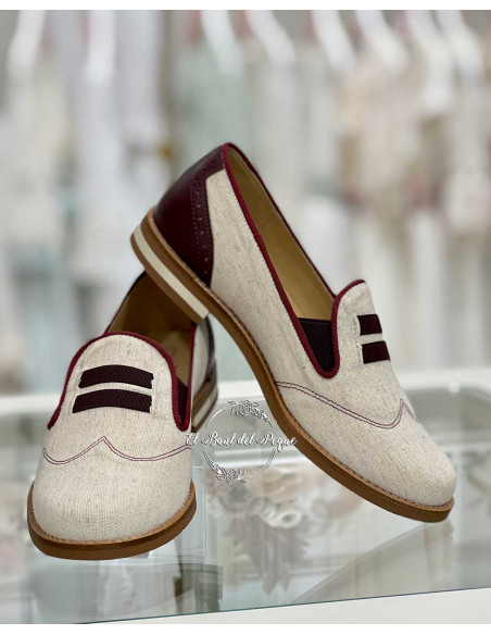 Zapato Comunión María Catalán Piel Lino Crudo y Burdeos