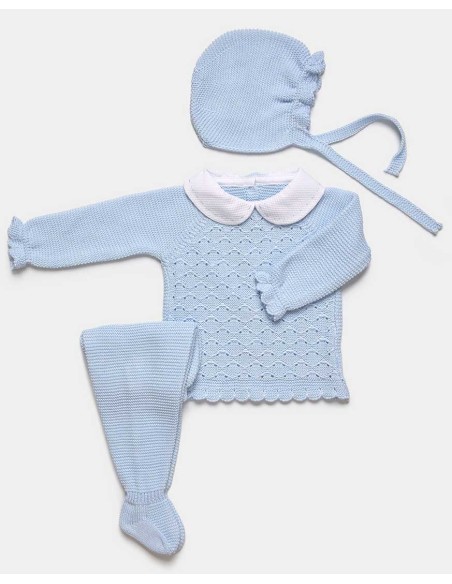 Conjunto Bebé 3 Piezas Niño Celeste y Blanco Juliana