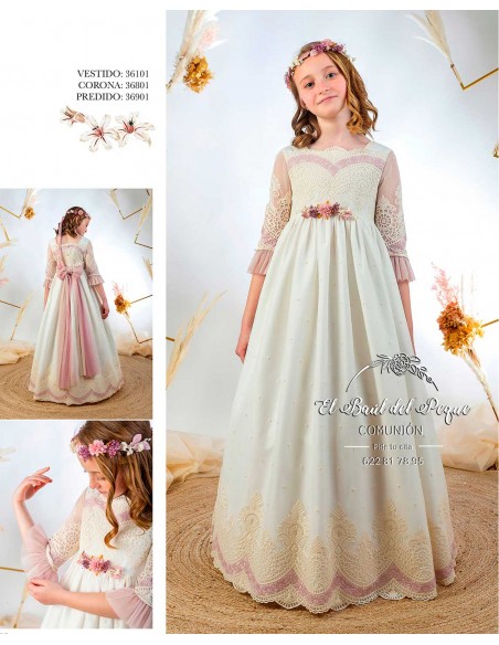Vestido Comunión Lilus Colección 2024 Tur Bordado Crudo y Malva