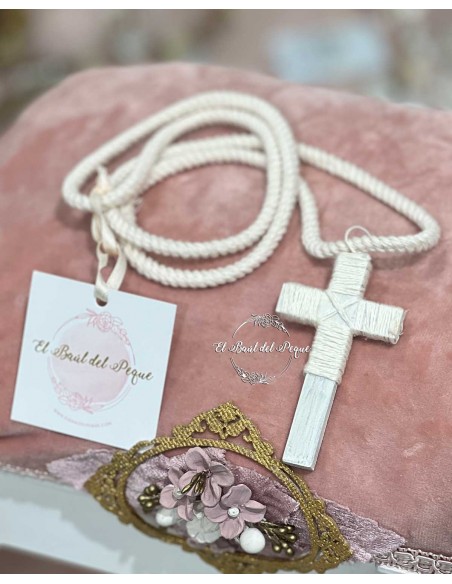 Cruz Comunión Niño Madera Blanca con Cuerda Crudo