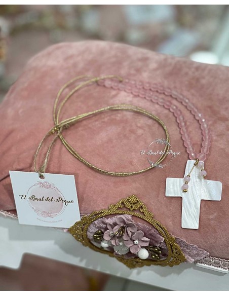Cruz Comunión Niña Nácar Blanca Bolas Cristal Rosa