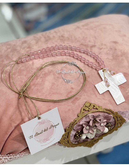 Cruz Comunión Niña Nácar Blanca Bolas Cristal Rosa