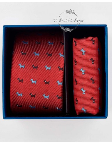 Set Corbata y Pañuelo Bolsillo Rojo Perritos Spagnolo Elegance
