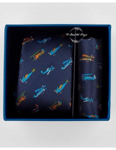 Set Corbata y Pañuelo Bolsillo Azul Aviones Spagnolo Elegance