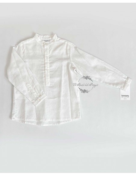 Camisa Niño Ceremonia Polera Blanca Tartaleta Cuello Mao