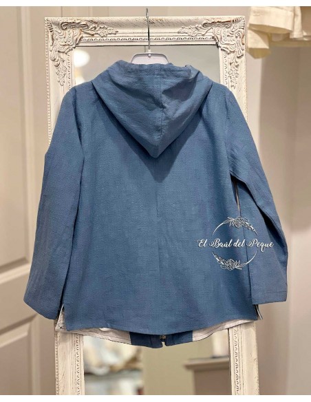 Casaca Capucha Lino Niño Azul Manuela Montero