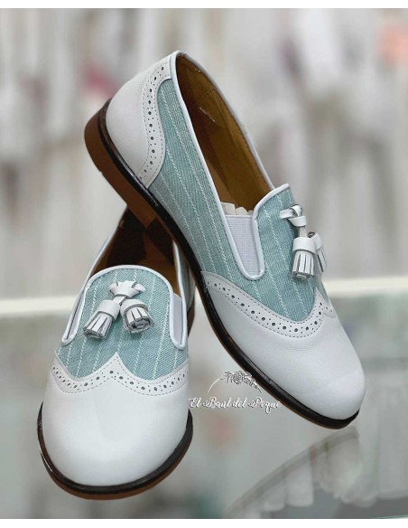 Mocasín Comunión Blanco Tela Rayas Verdes Mercedes de Alba