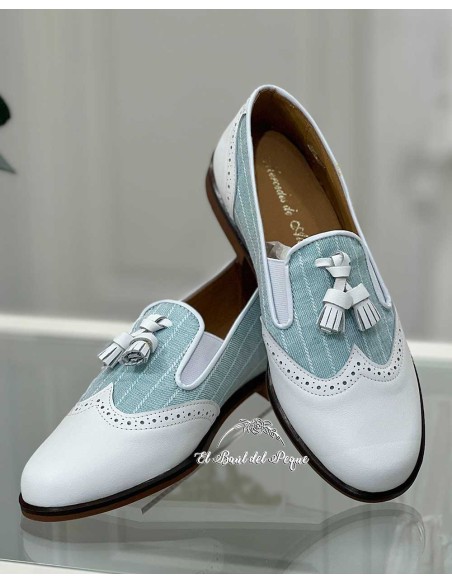 Mocasín Comunión Blanco Tela Rayas Verdes Mercedes de Alba
