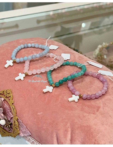 Pulsera Niña Piedrecitas Naturales y Cruz de Nácar Comunión