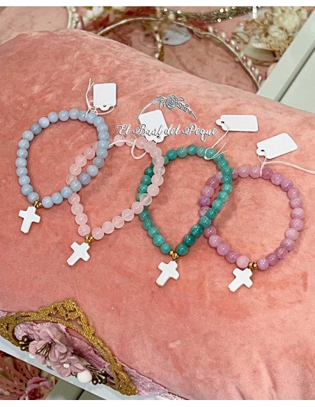 Pulsera Niña Piedrecitas Naturales y Cruz de Nácar Comunión