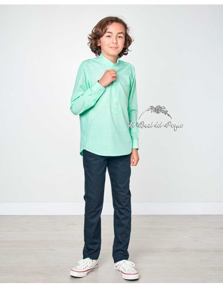 Camisa Niño Polera Lino Rústico Verde Agua Spagnolo