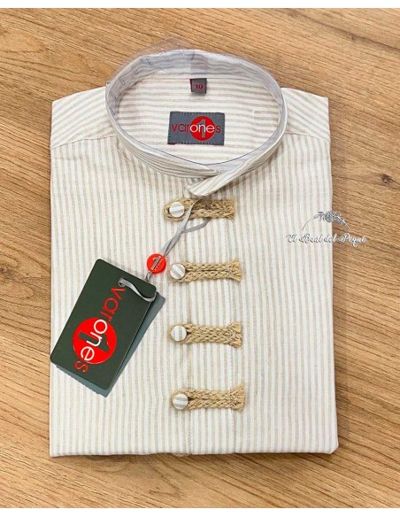 Camisa Niño Cuello Mao Ceremonia Varones Rayas Camel