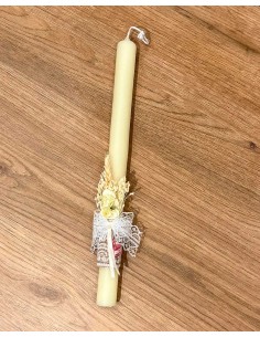 Vela Redonda Bautizo Lazo y Cinta Beige Espiga Detalle