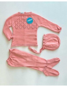 Conjunto Bebé Hilo 3 Piezas Rosa Canesú Rombos Juliana