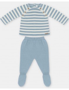 Conjunto Bebé Unisex Martín Aranda Rayas Azul Empolvado Hilo de Algodón 100%