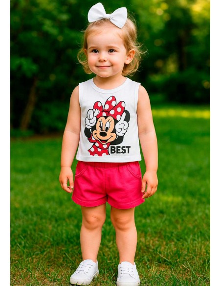 Camiseta y Short Minnie Niña Fuxia y Blanco