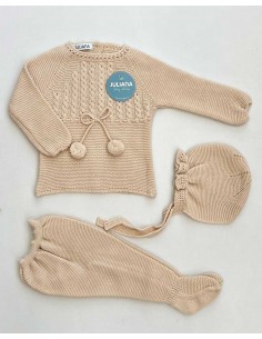 Conjunto Polaina 3 Piezas Bebé Unisex Punto Crema Juliana