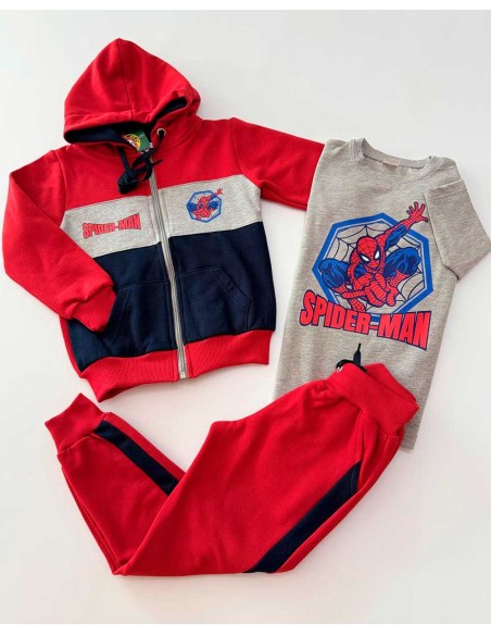 Conjunto Chándal Niño 3 Piezas Spiderman Rojo Marino y Gris