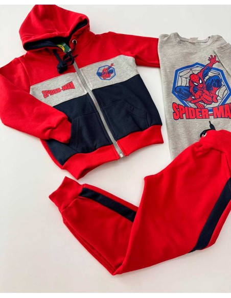 Conjunto Chándal Niño 3 Piezas Spiderman Rojo Marino y Gris