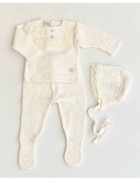 Conjunto Bebé Puntilla 3 Piezas Hilo Paz Rodríguez Crudo