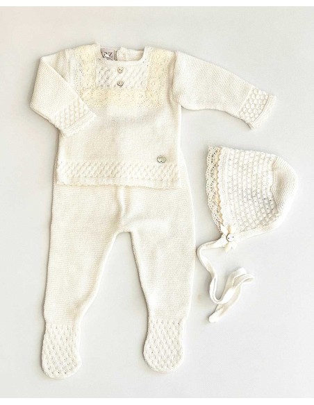 Conjunto Bebé Puntilla 3 Piezas Hilo Paz Rodríguez Crudo