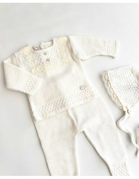Conjunto Bebé Puntilla 3 Piezas Hilo Paz Rodríguez Crudo