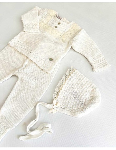 Conjunto Bebé Puntilla 3 Piezas Hilo Paz Rodríguez Crudo