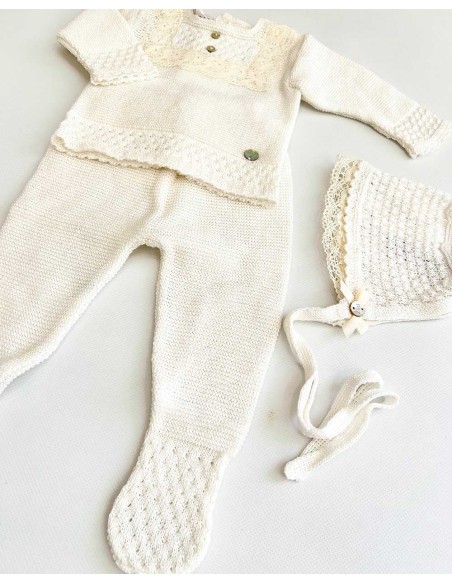 Conjunto Bebé Puntilla 3 Piezas Hilo Paz Rodríguez Crudo