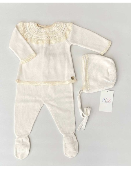 Conjunto Bebé 3 Piezas Hilo Paz Rodríguez Crudo y Beige