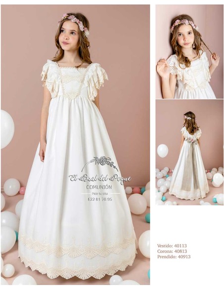 Vestido Comunión Lilus 2026 Modelo 40113 Crudo Lazo Lino