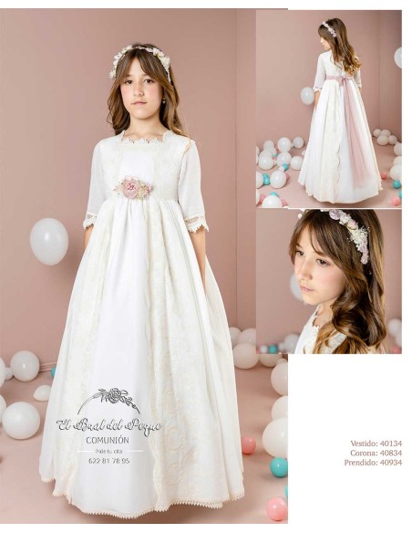 Vestido Comunión Lilus 2026 Modelo 40134 Crudo Lazo Rosa