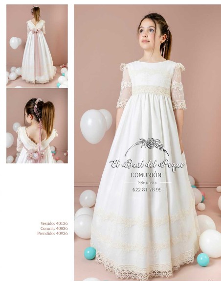 Vestido Comunión Lilus 2026 Crudo Lazo Rosa Modelo 40136