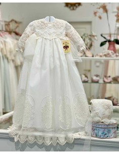 Batón y Capota Tul Bordado Unisex Bautizo Kobez Crudo